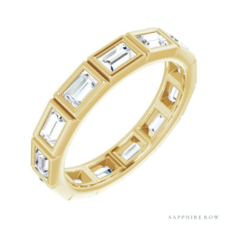 Sapphire Row Natural Diamond Baguette Station Band - 14K Yellow Gold, 3 × 2 mm, 7