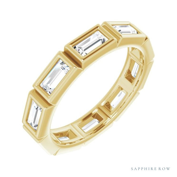 Sapphire Row Natural Diamond Baguette Station Band - 14K Yellow Gold, 4 × 2 mm, 5