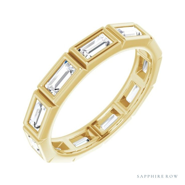 Sapphire Row Natural Diamond Baguette Station Band - 14K Yellow Gold, 4 × 2 mm, 7