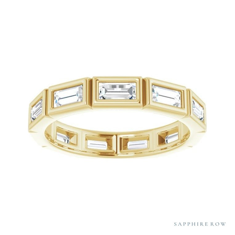 Sapphire Row Natural Diamond Baguette Station Band - 14K Yellow Gold, 4 × 2 mm, 7 (view 3)