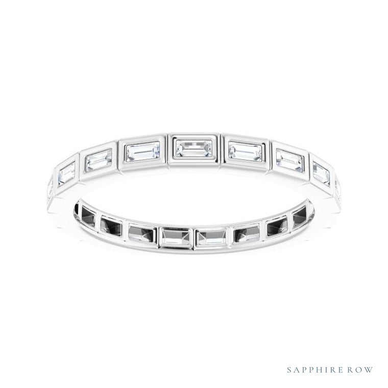 Sapphire Row Natural Diamond Baguette Station Band - 14K White Gold, 2 × 1 mm, 7 (view 3)