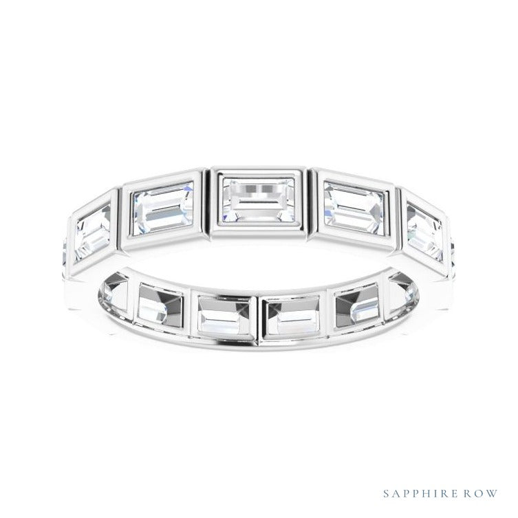 Sapphire Row Natural Diamond Baguette Station Band - 14K White Gold, 3 × 2 mm, 7 (view 3)