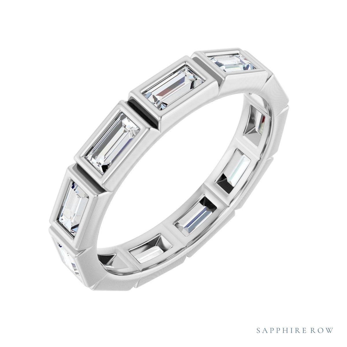 Sapphire Row Natural Diamond Baguette Station Band - 14K White Gold, 4 × 2 mm, 6