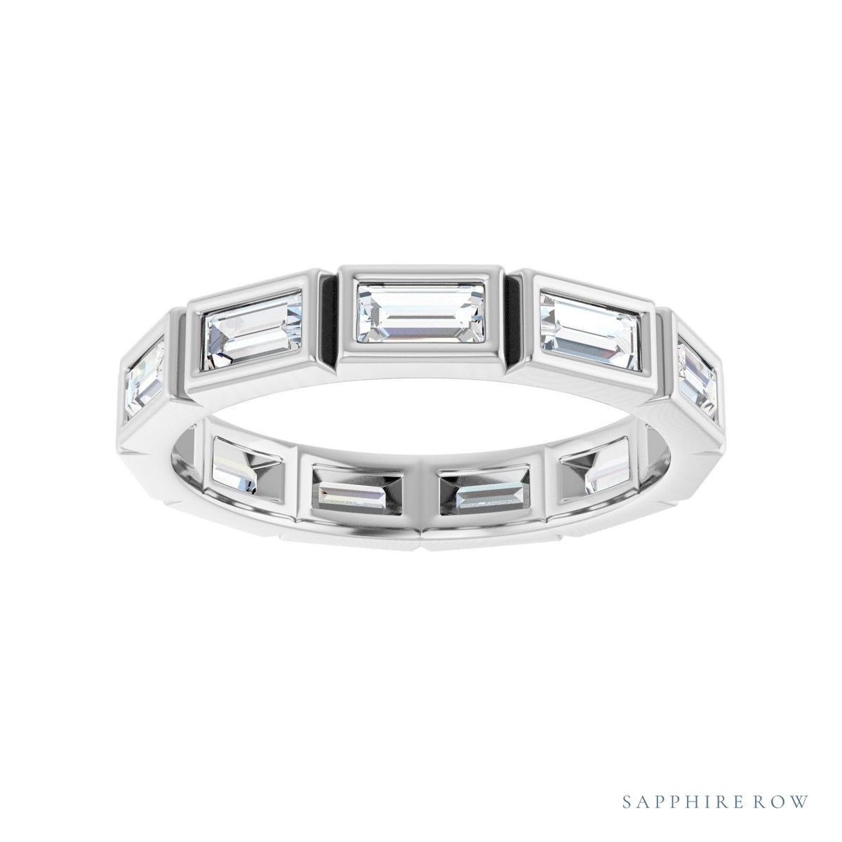 Sapphire Row Natural Diamond Baguette Station Band - 14K White Gold, 4 × 2 mm, 6 (view 3)