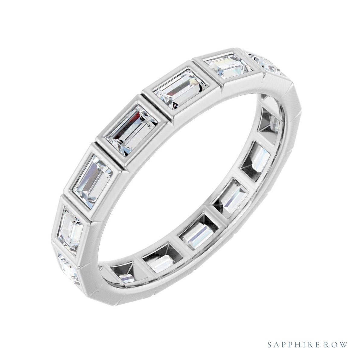 Sapphire Row Lab-Grown Diamond Baguette Station Band - 14K White Gold, 3 × 2 mm, 7