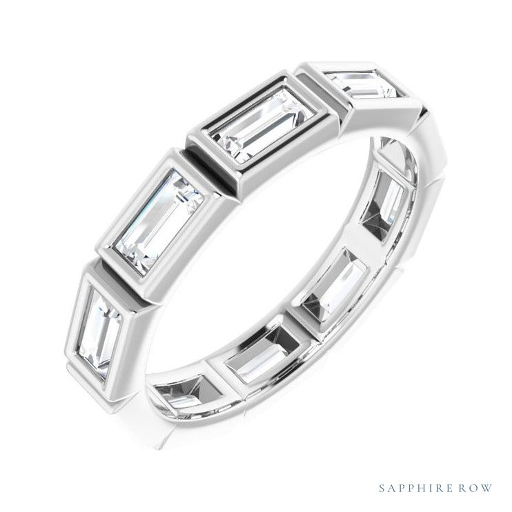 Sapphire Row Lab-Grown Diamond Baguette Station Band - 14K White Gold, 4 × 2 mm, 5