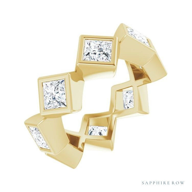 Sapphire Row Natural Diamond Princess-Cut Bezel Band - 14K Yellow Gold, 3.5 × 3.5 mm, 4
