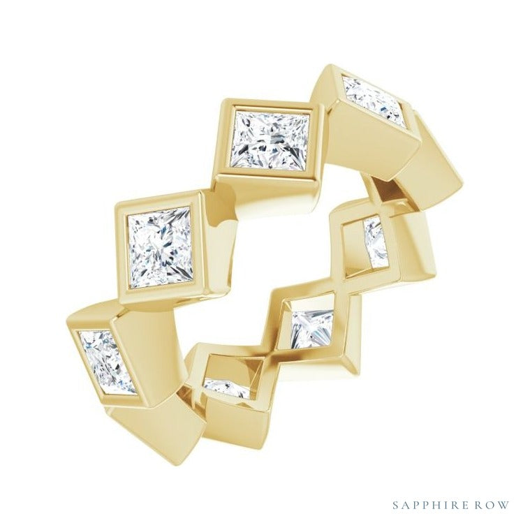 Sapphire Row Natural Diamond Princess-Cut Bezel Band - 14K Yellow Gold, 3.5 × 3.5 mm, 5
