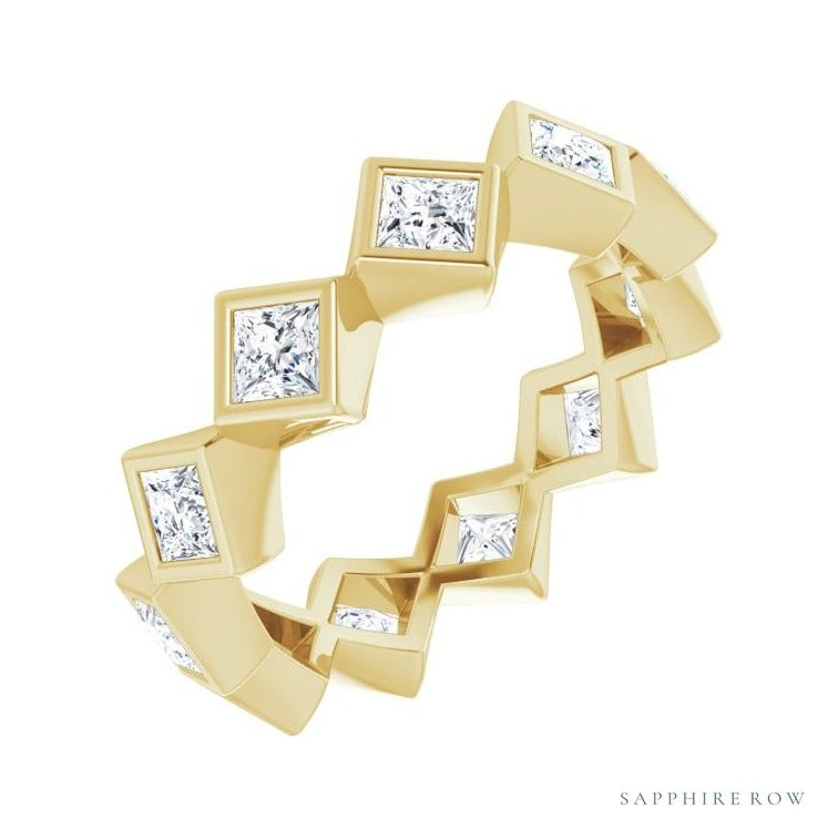 Sapphire Row Natural Diamond Princess-Cut Bezel Band - 14K Yellow Gold, 3 × 3 mm, 8