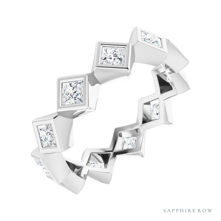 Sapphire Row Natural Diamond Princess-Cut Bezel Band - 14K White Gold, 2.5 × 2.5 mm, 6.5