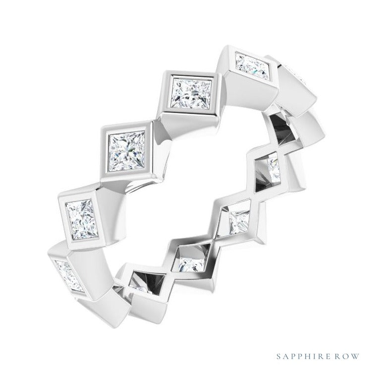 Sapphire Row Natural Diamond Princess-Cut Bezel Band - 14K White Gold, 2.5 × 2.5 mm, 7.5