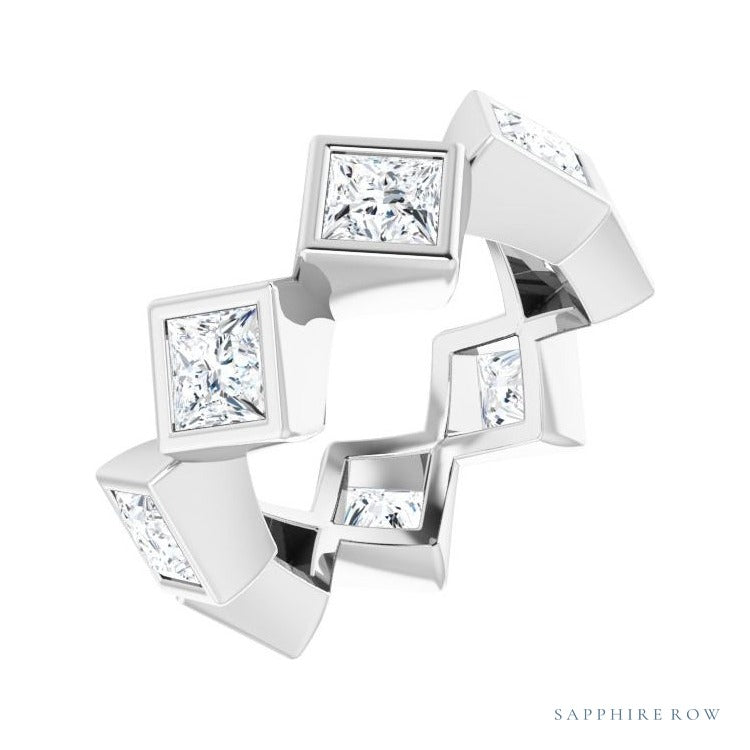 Sapphire Row Natural Diamond Princess-Cut Bezel Band - 14K White Gold, 3.75 × 3.75 mm, 4