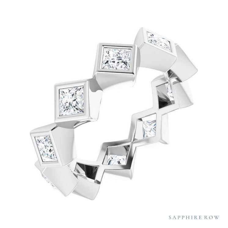 Sapphire Row Natural Diamond Princess-Cut Bezel Band - 14K White Gold, 3 × 3 mm, 6.5