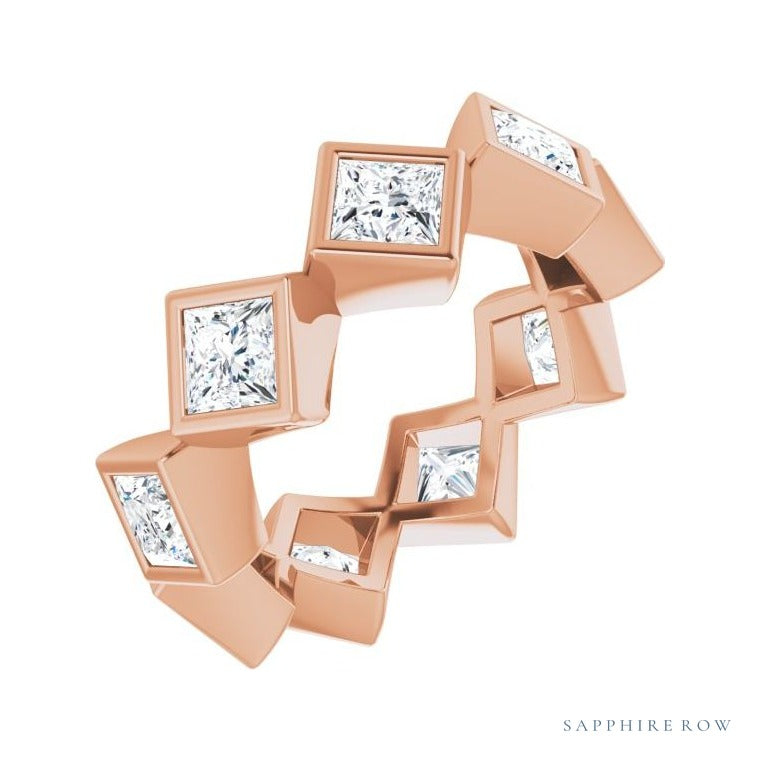 Sapphire Row Natural Diamond Princess-Cut Bezel Band - 14K Rose Gold, 3.75 × 3.75 mm, 6.5