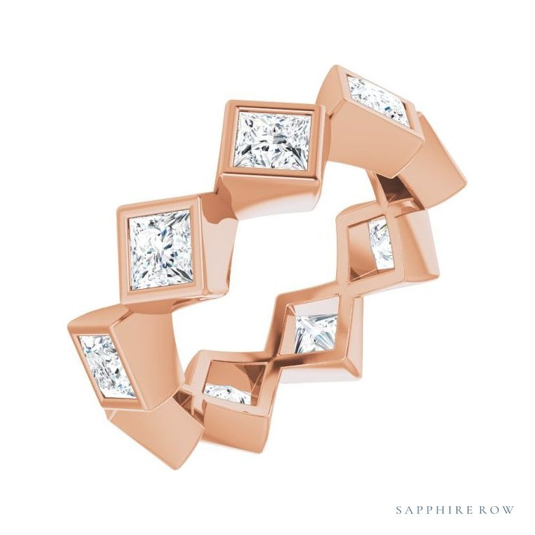 Sapphire Row Natural Diamond Princess-Cut Bezel Band - 14K Rose Gold, 3.75 × 3.75 mm, 7.5