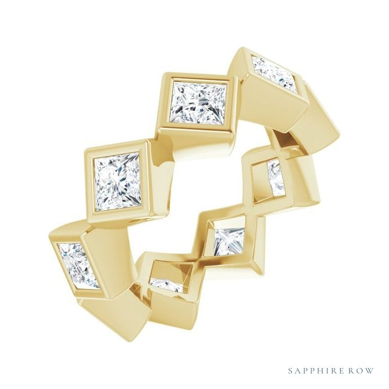 Sapphire Row Natural Diamond Princess-Cut Bezel Band - 14K Yellow Gold, 3.25 × 3.25 mm, 4
