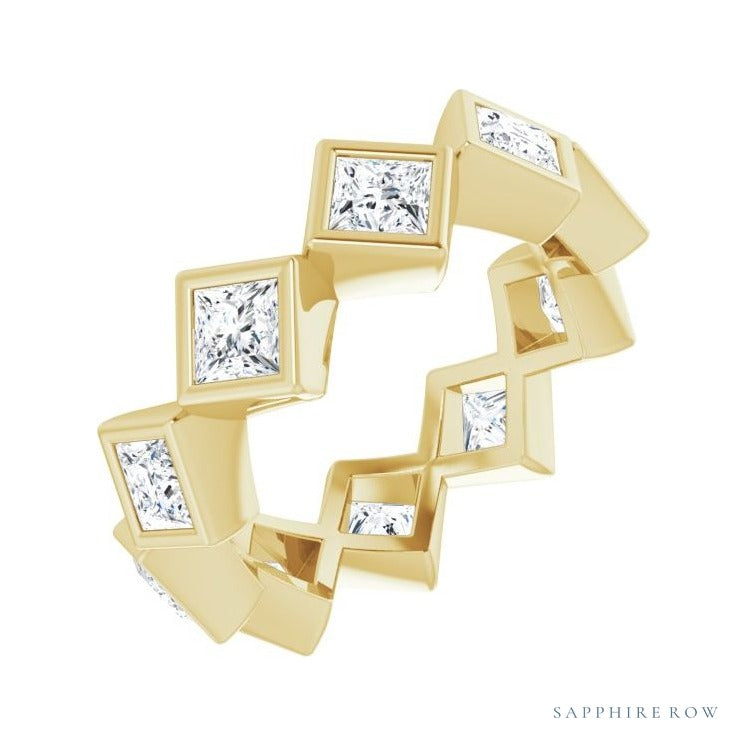 Sapphire Row Natural Diamond Princess-Cut Bezel Band - 14K Yellow Gold, 3.25 × 3.25 mm, 6
