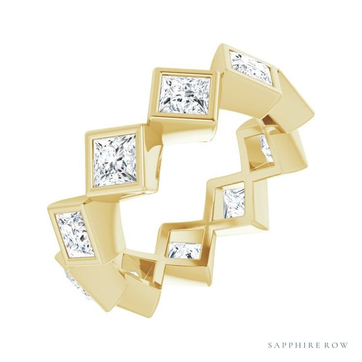 Sapphire Row Natural Diamond Princess-Cut Bezel Band - 14K Yellow Gold, 3.75 × 3.75 mm, 8