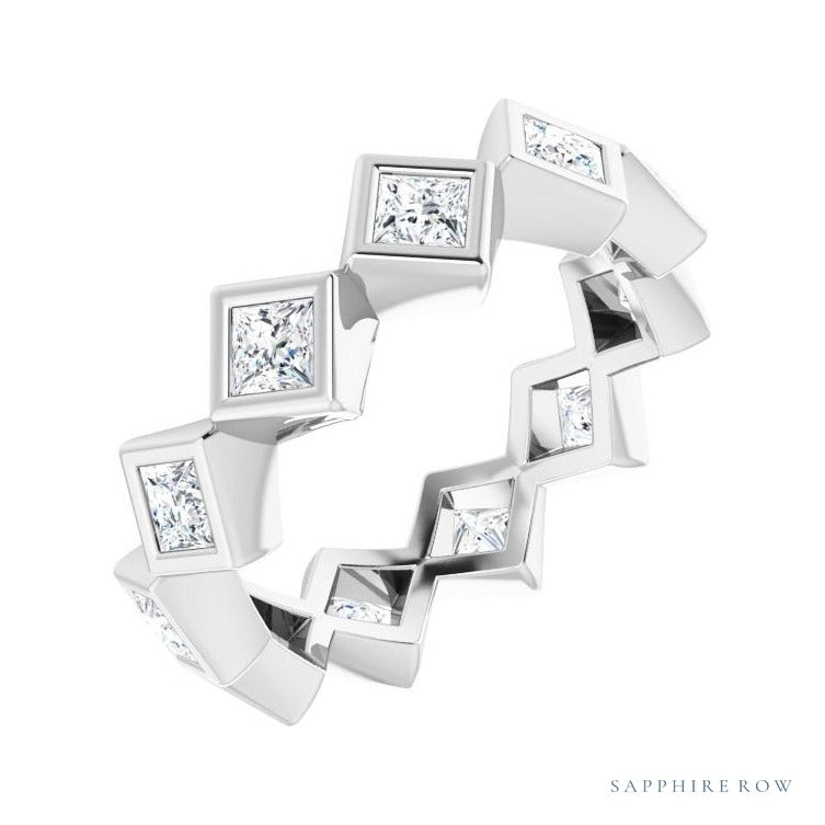 Sapphire Row Natural Diamond Princess-Cut Bezel Band - 14K White Gold, 2.5 × 2.5 mm, 5