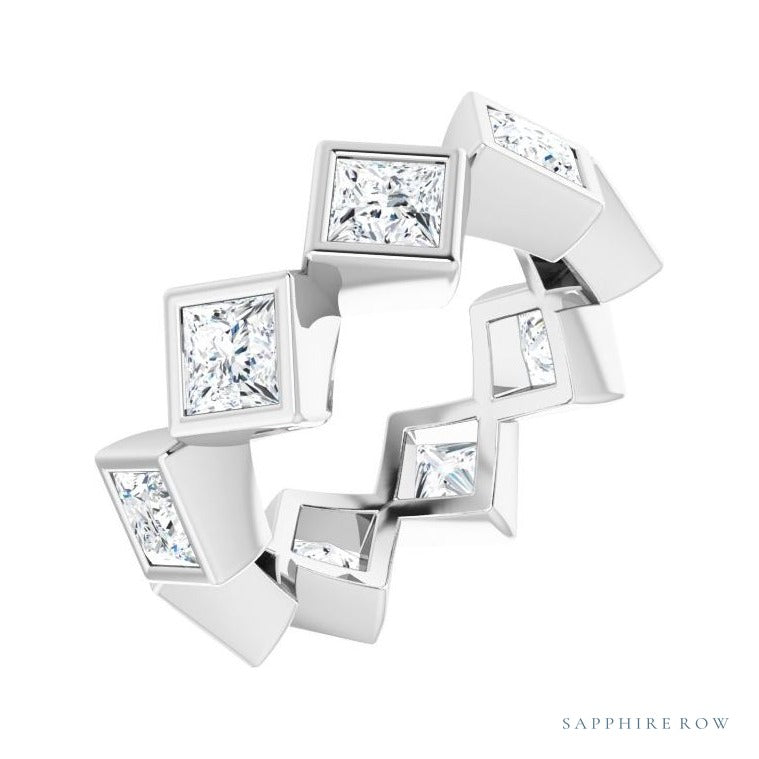 Sapphire Row Natural Diamond Princess-Cut Bezel Band - 14K White Gold, 3.75 × 3.75 mm, 5.5