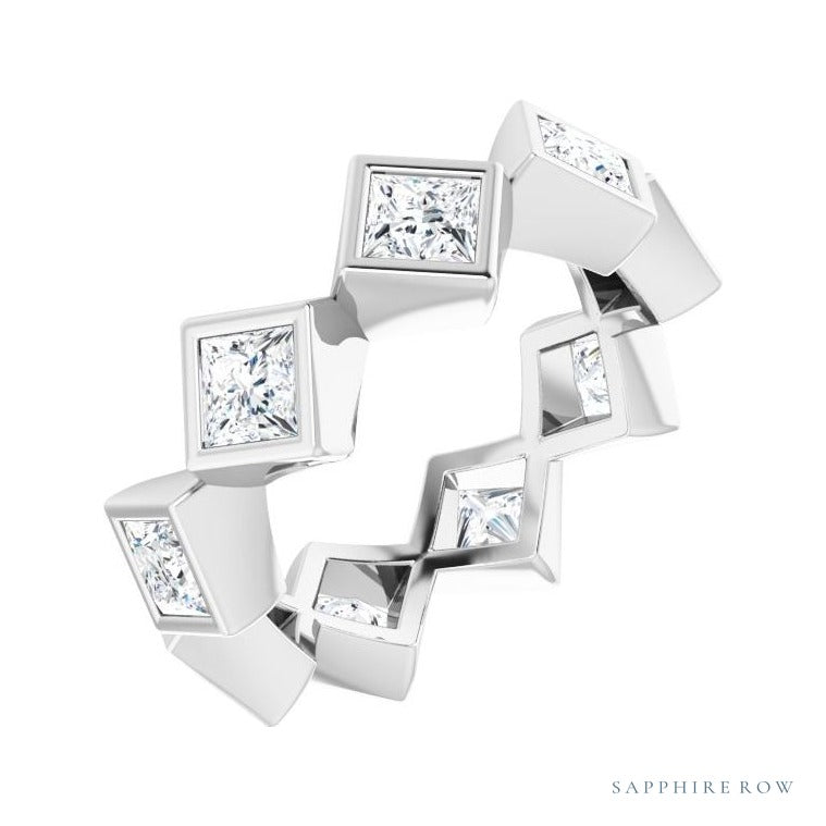 Sapphire Row Lab-Grown Diamond Princess-Cut Bezel Band - 14K White Gold, 3.5 × 3.5 mm, 6.5