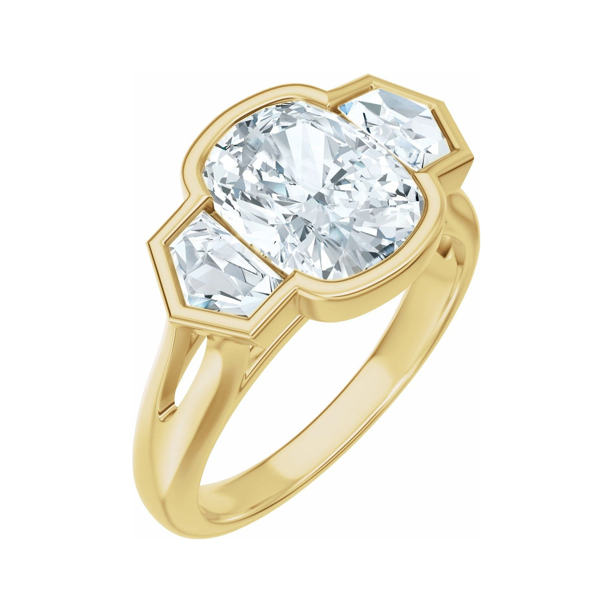 Sapphire Row Lab-Grown Elongated Cushion Diamond Bezel-Set Three-Stone Engagement Ring - 14K Yellow Gold