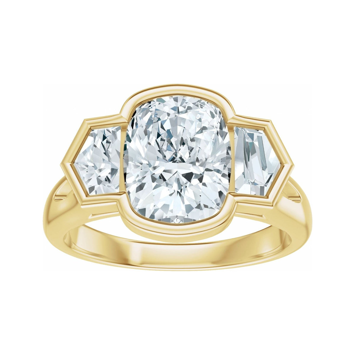 Sapphire Row Lab-Grown Elongated Cushion Diamond Bezel-Set Three-Stone Engagement Ring - 14K Yellow Gold (view 3)