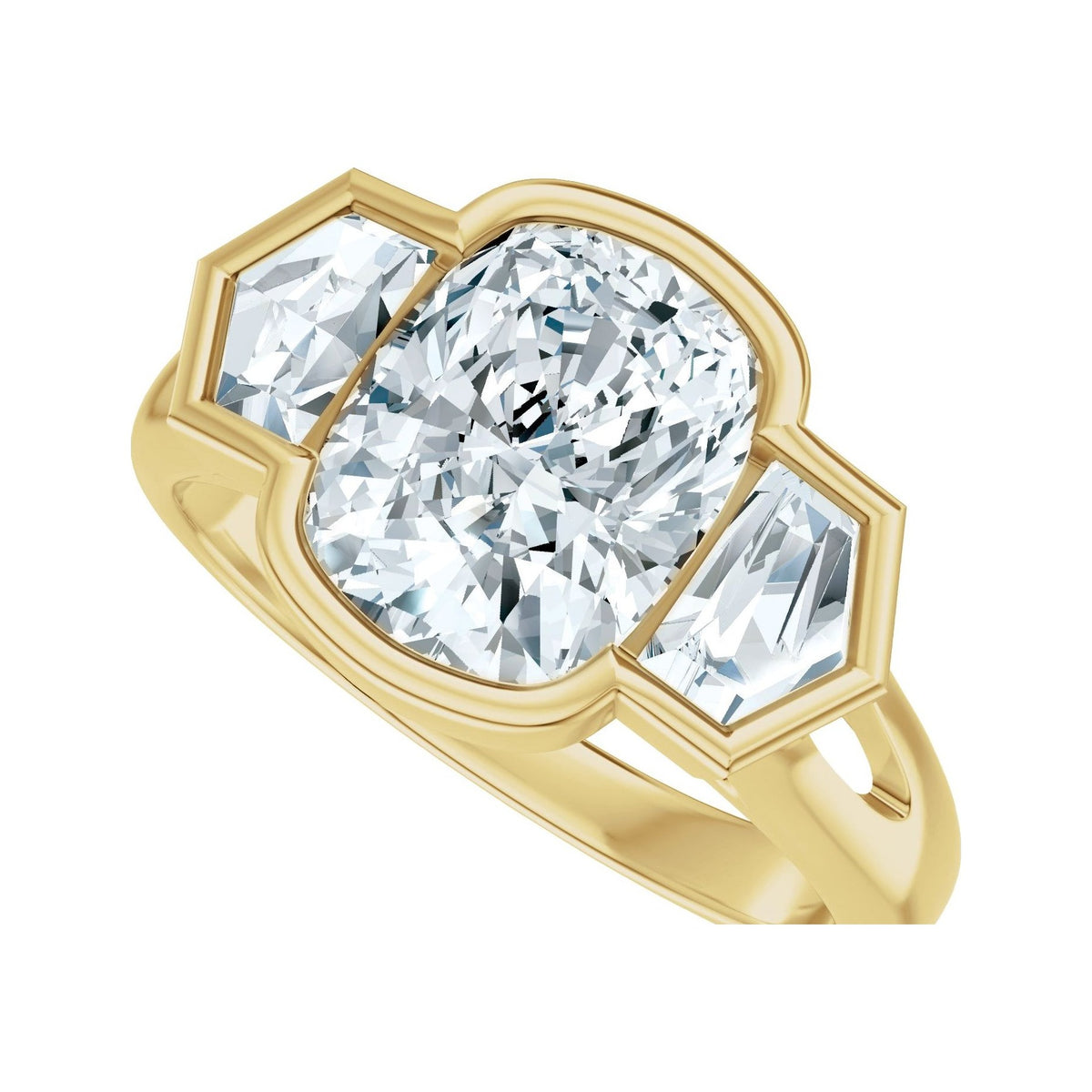Sapphire Row Lab-Grown Elongated Cushion Diamond Bezel-Set Three-Stone Engagement Ring - 14K Yellow Gold (view 5)
