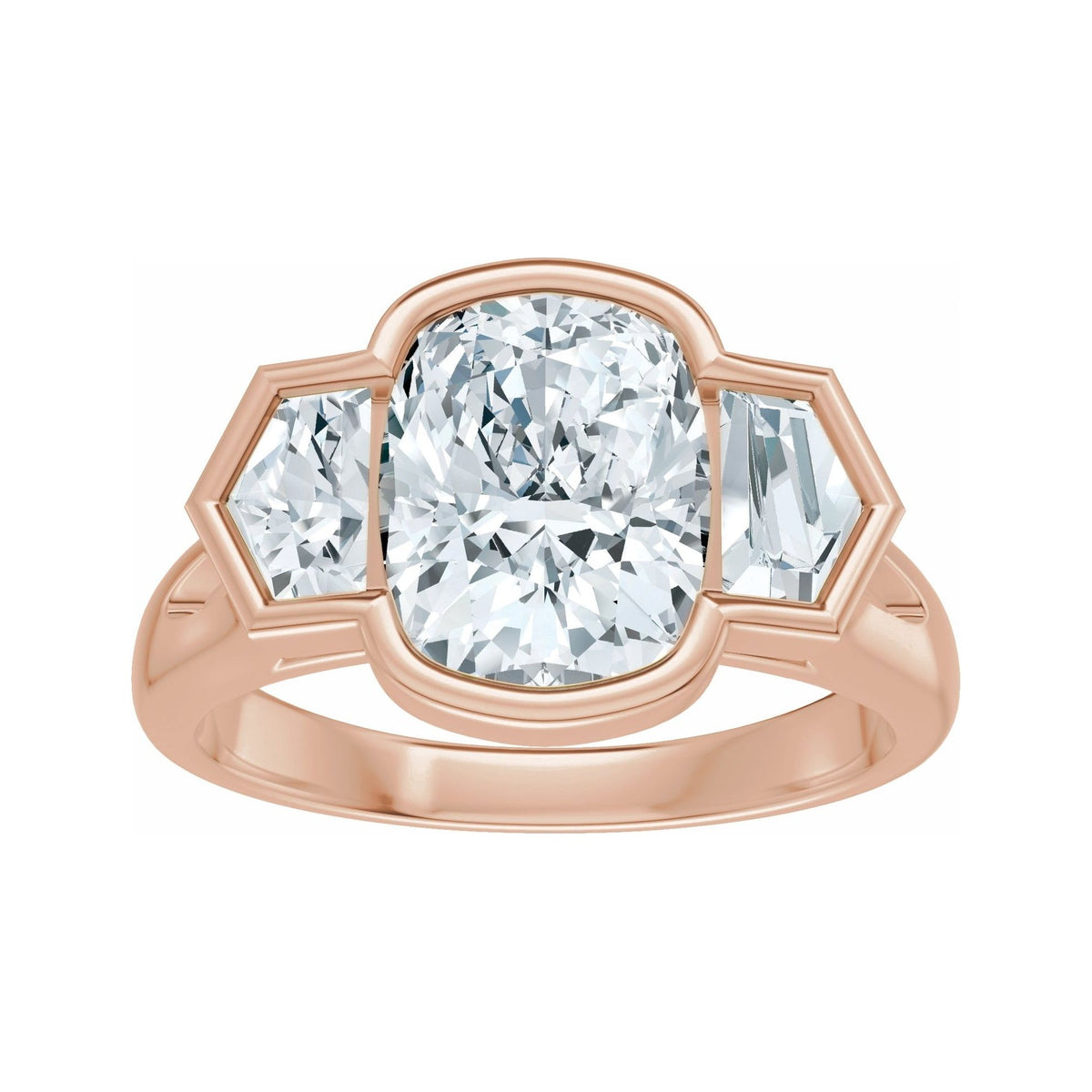 Sapphire Row Lab-Grown Elongated Cushion Diamond Bezel-Set Three-Stone Engagement Ring - 14K Rose Gold (view 3)