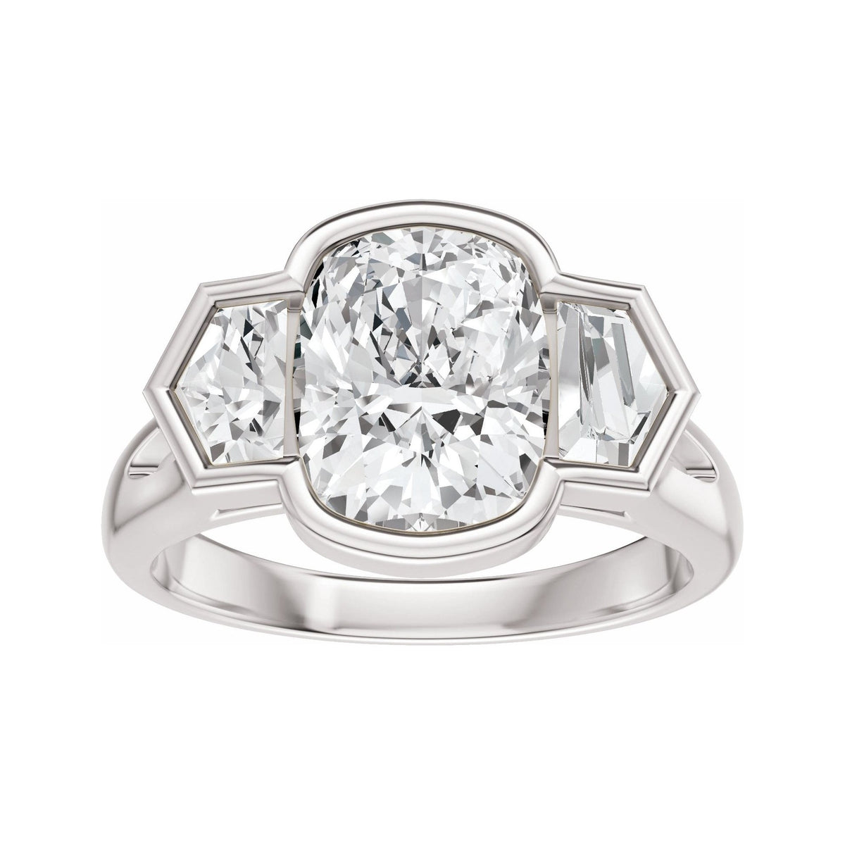 Sapphire Row Lab-Grown Elongated Cushion Diamond Bezel-Set Three-Stone Engagement Ring - 14K White Gold (view 3)