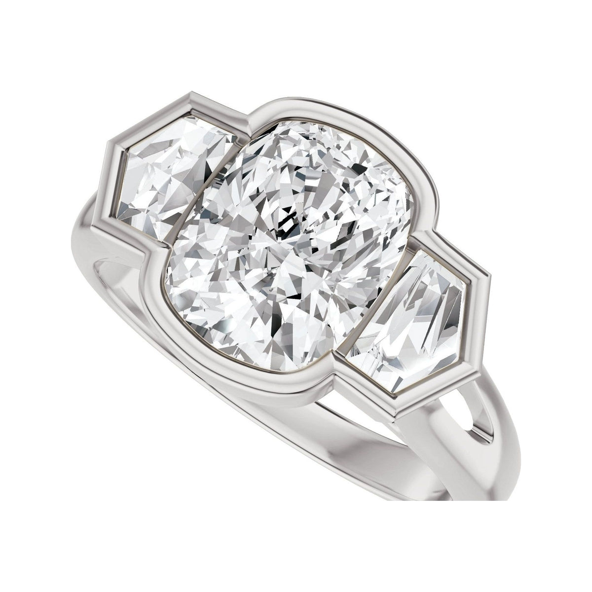 Sapphire Row Lab-Grown Elongated Cushion Diamond Bezel-Set Three-Stone Engagement Ring - 14K White Gold (view 5)