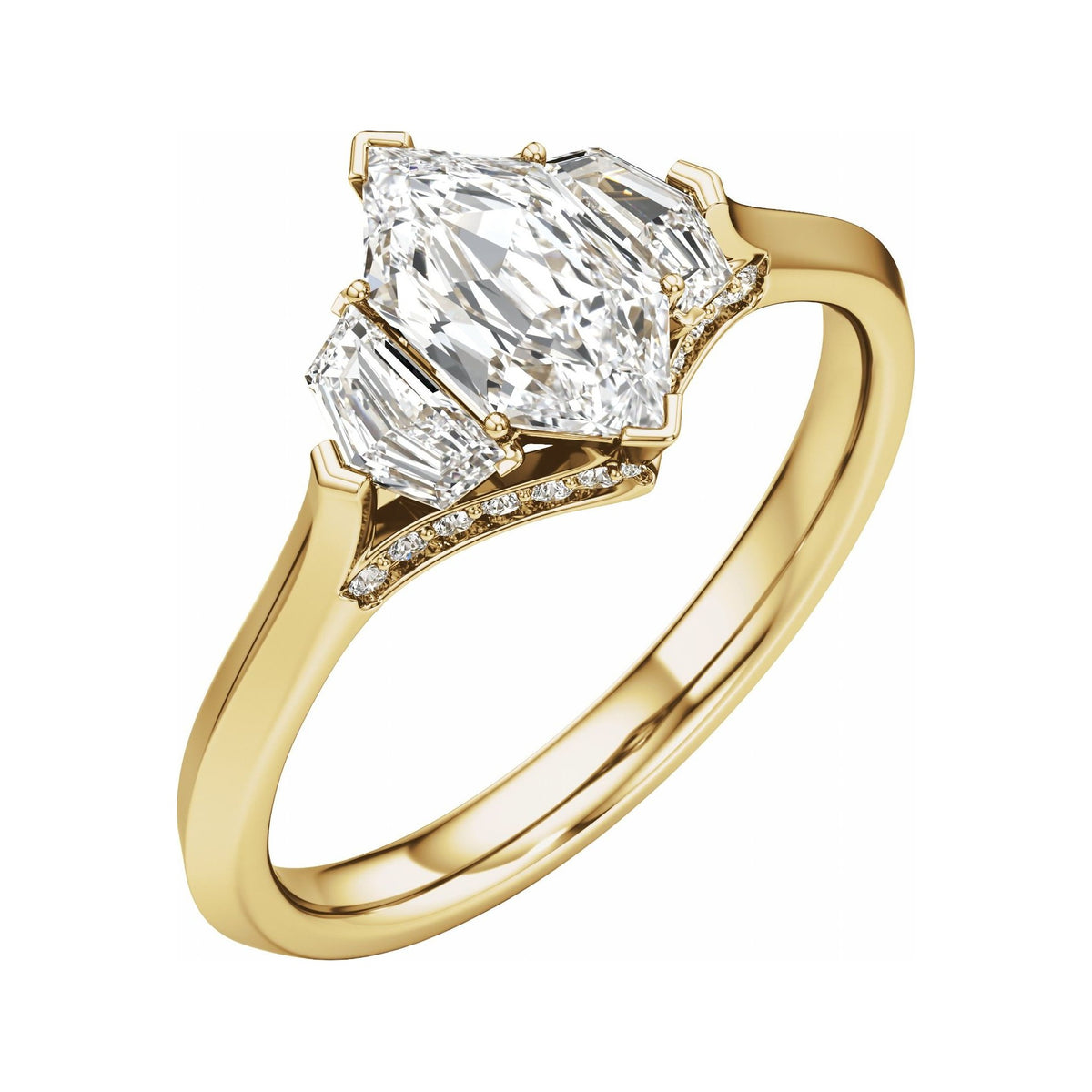 Sapphire Row Lab-Grown Elongated Hexagon Diamond Hidden-Detail Three-Stone Engagement Ring - 14K Yellow Gold, 1 1/2 ctw