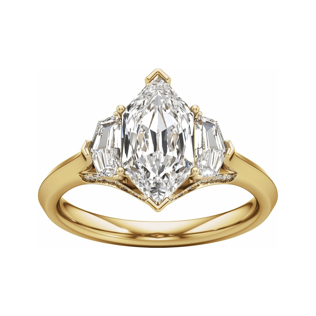 Sapphire Row Lab-Grown Elongated Hexagon Diamond Hidden-Detail Three-Stone Engagement Ring - 14K Yellow Gold, 2 5/8 ctw (view 3)