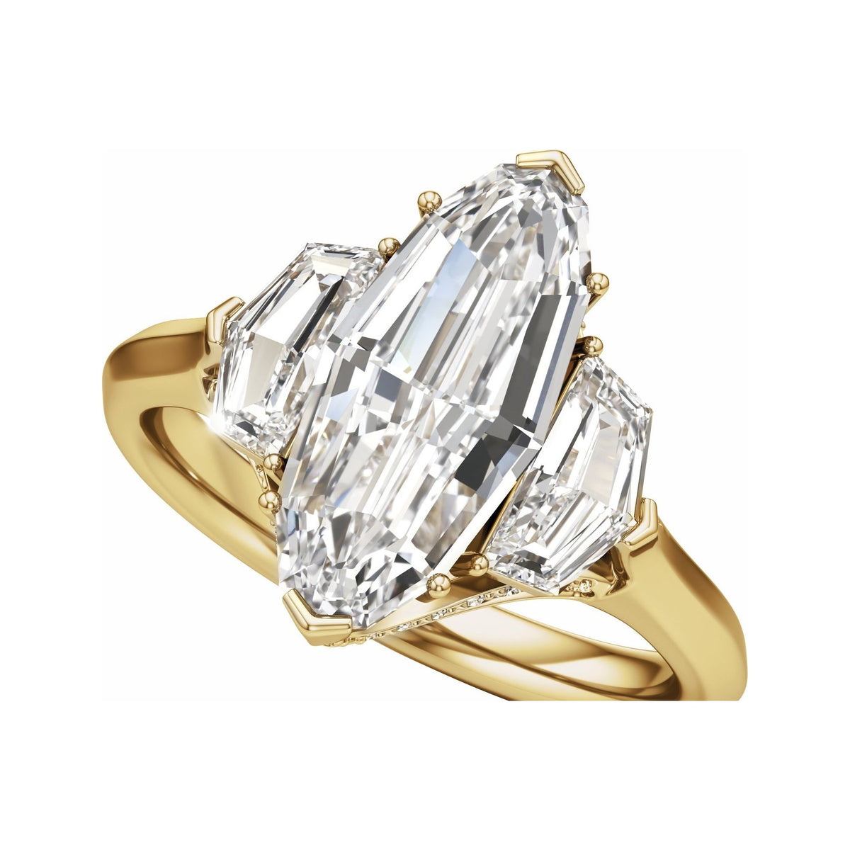 Sapphire Row Lab-Grown Elongated Oval Diamond Hidden-Detail Three-Stone Engagement Ring - 14K Yellow Gold, 4 ctw (view 5)