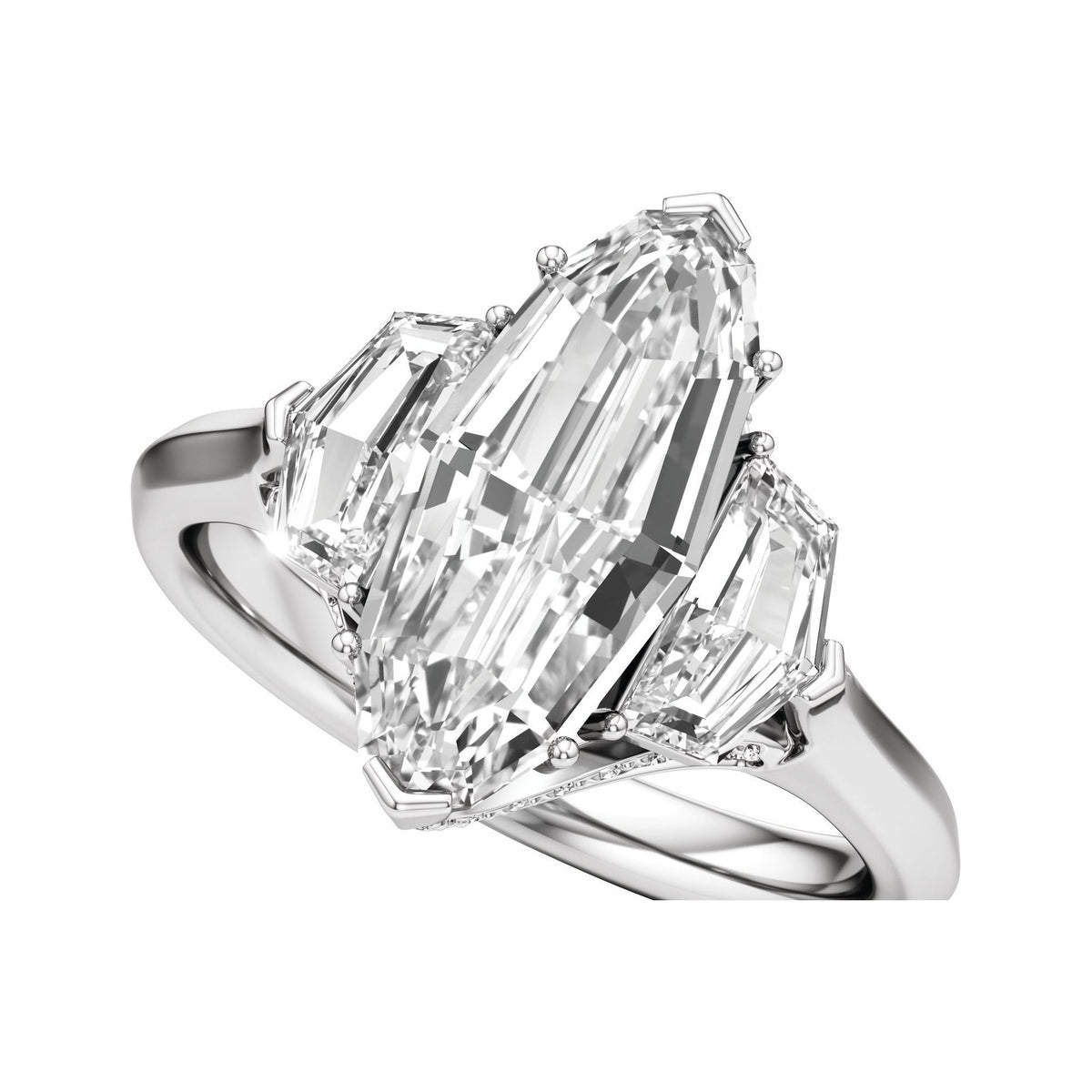 Sapphire Row Lab-Grown Elongated Oval Diamond Hidden-Detail Three-Stone Engagement Ring - 14K White Gold, 4 ctw (view 5)