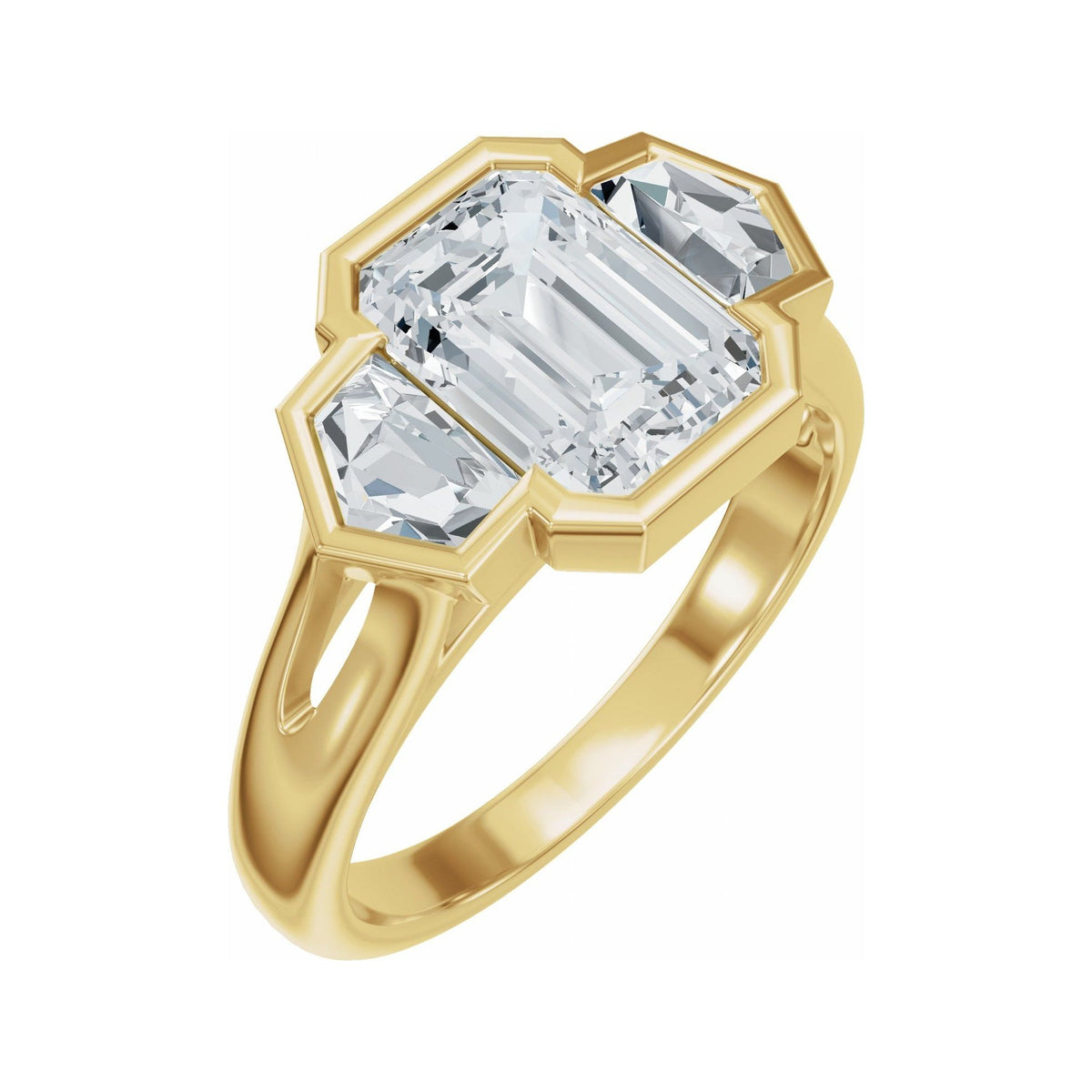 Sapphire Row Lab-Grown Emerald-Cut Diamond Bezel-Set Three-Stone Engagement Ring - 14K Yellow Gold