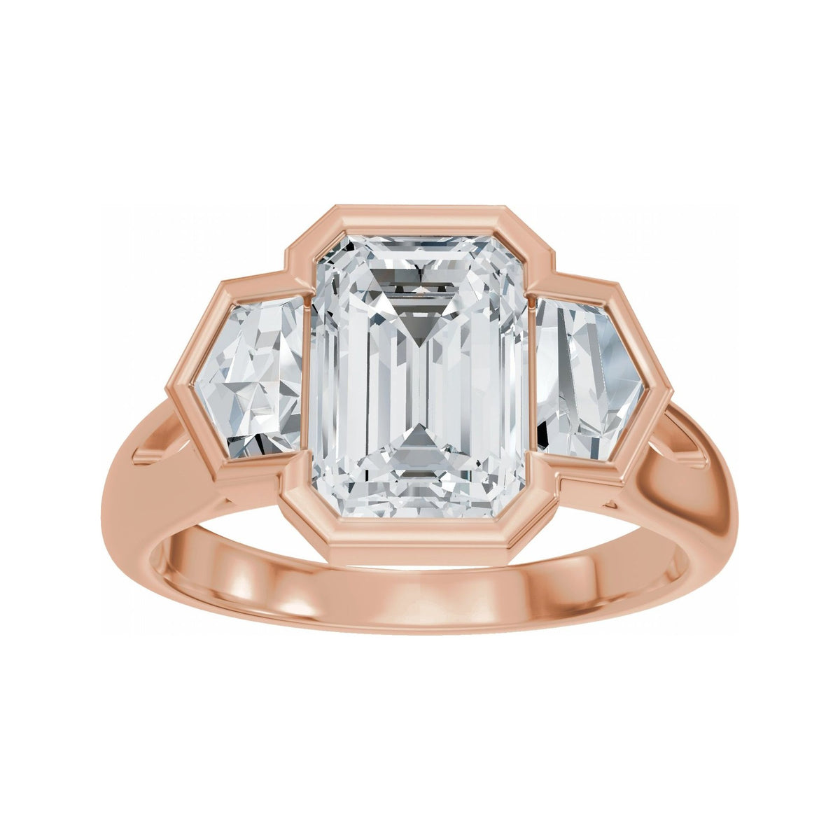 Sapphire Row Lab-Grown Emerald-Cut Diamond Bezel-Set Three-Stone Engagement Ring - 14K Rose Gold (view 3)