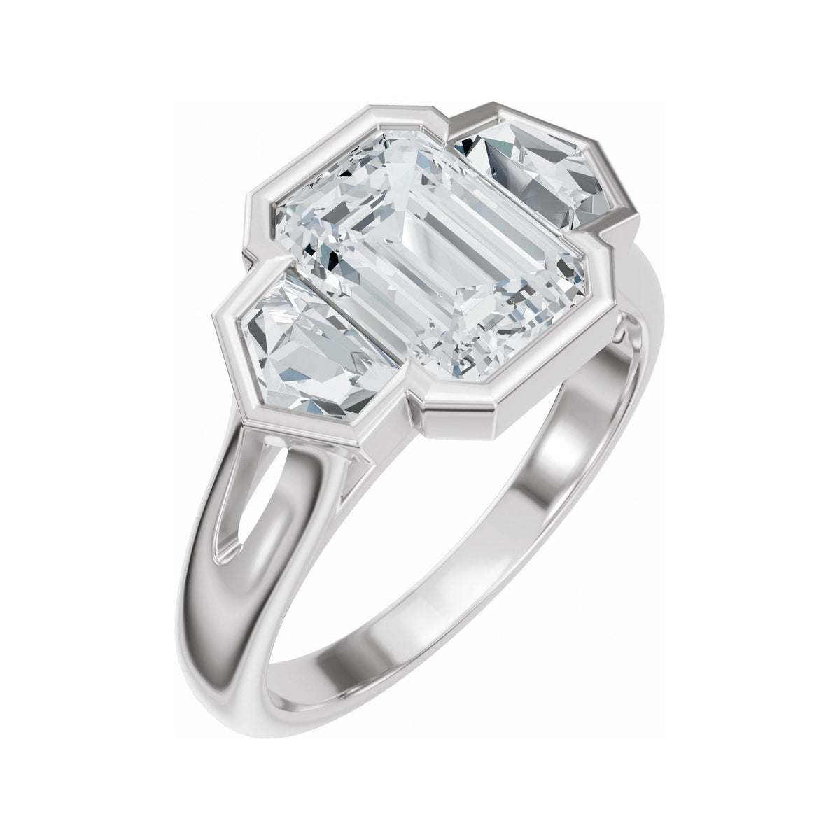 Sapphire Row Lab-Grown Emerald-Cut Diamond Bezel-Set Three-Stone Engagement Ring - 14K White Gold