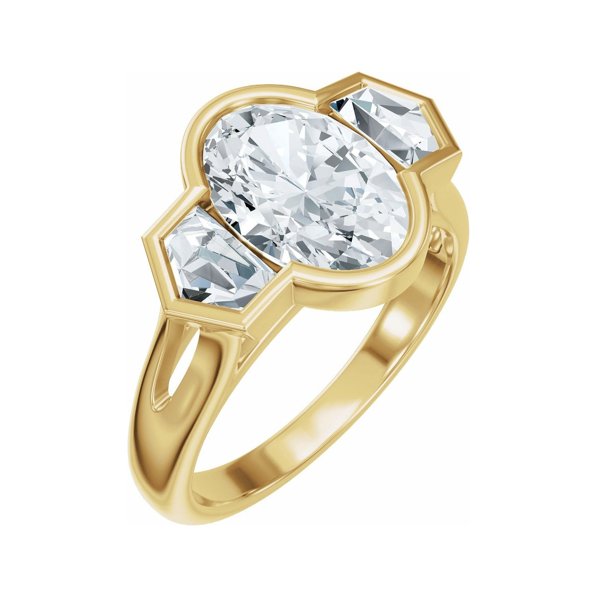 Sapphire Row Lab-Grown Oval Diamond Bezel-Set Three-Stone Engagement Ring - 14K Yellow Gold