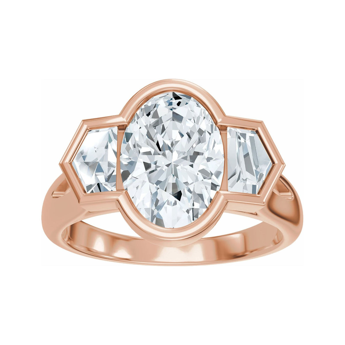 Sapphire Row Lab-Grown Oval Diamond Bezel-Set Three-Stone Engagement Ring - 14K Rose Gold (view 3)