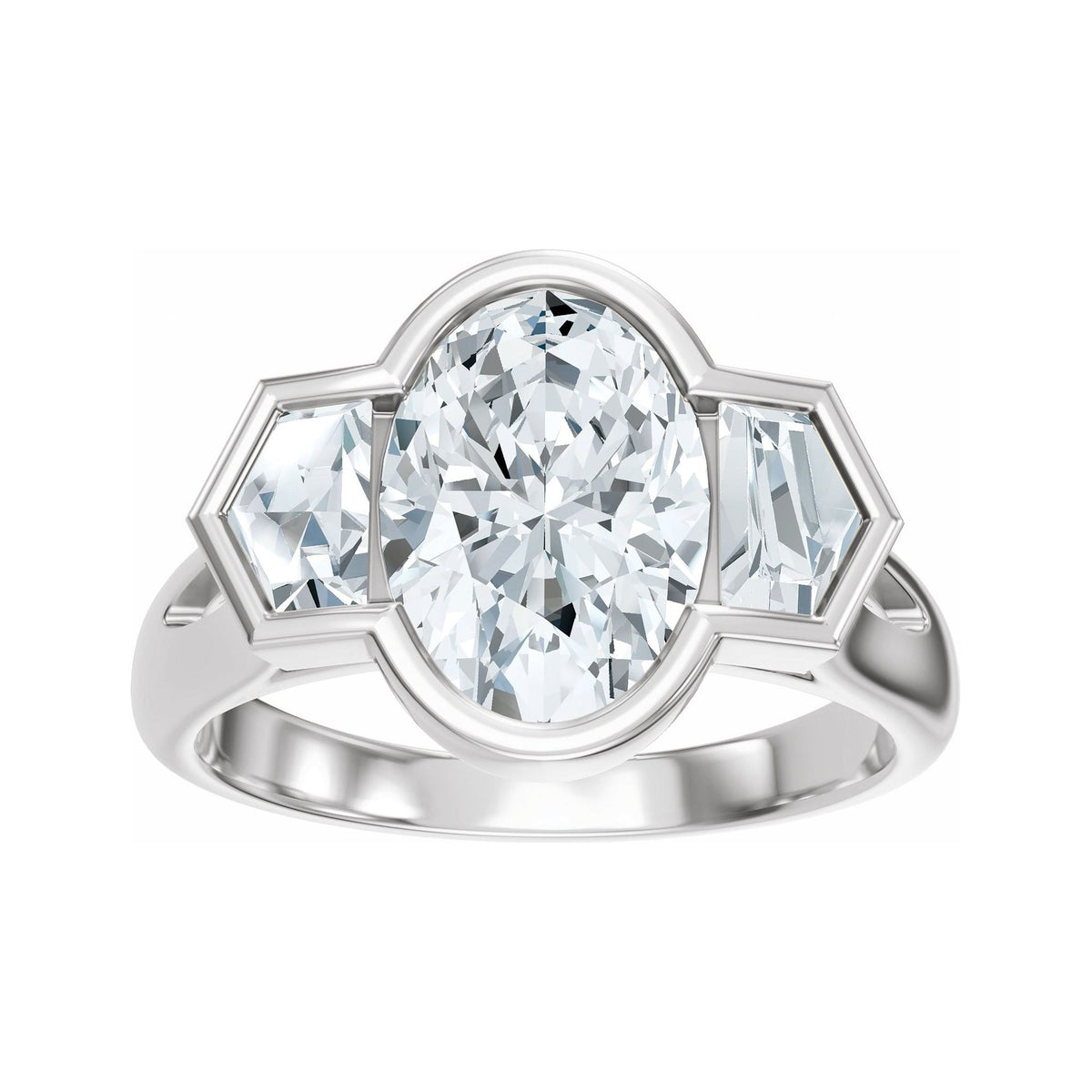 Sapphire Row Lab-Grown Oval Diamond Bezel-Set Three-Stone Engagement Ring - 14K White Gold (view 3)