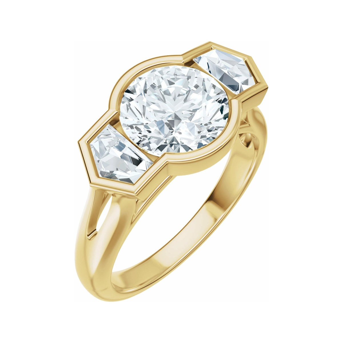 Sapphire Row Lab-Grown Round Diamond Bezel-Set Three-Stone Engagement Ring - 14K Yellow Gold