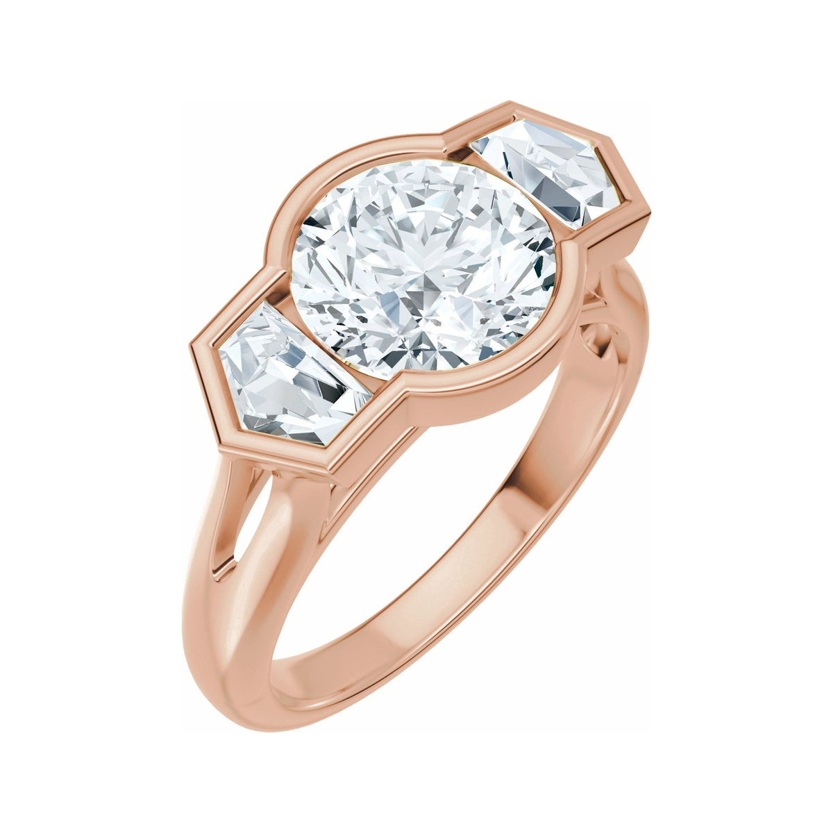 Sapphire Row Lab-Grown Round Diamond Bezel-Set Three-Stone Engagement Ring - 14K Rose Gold