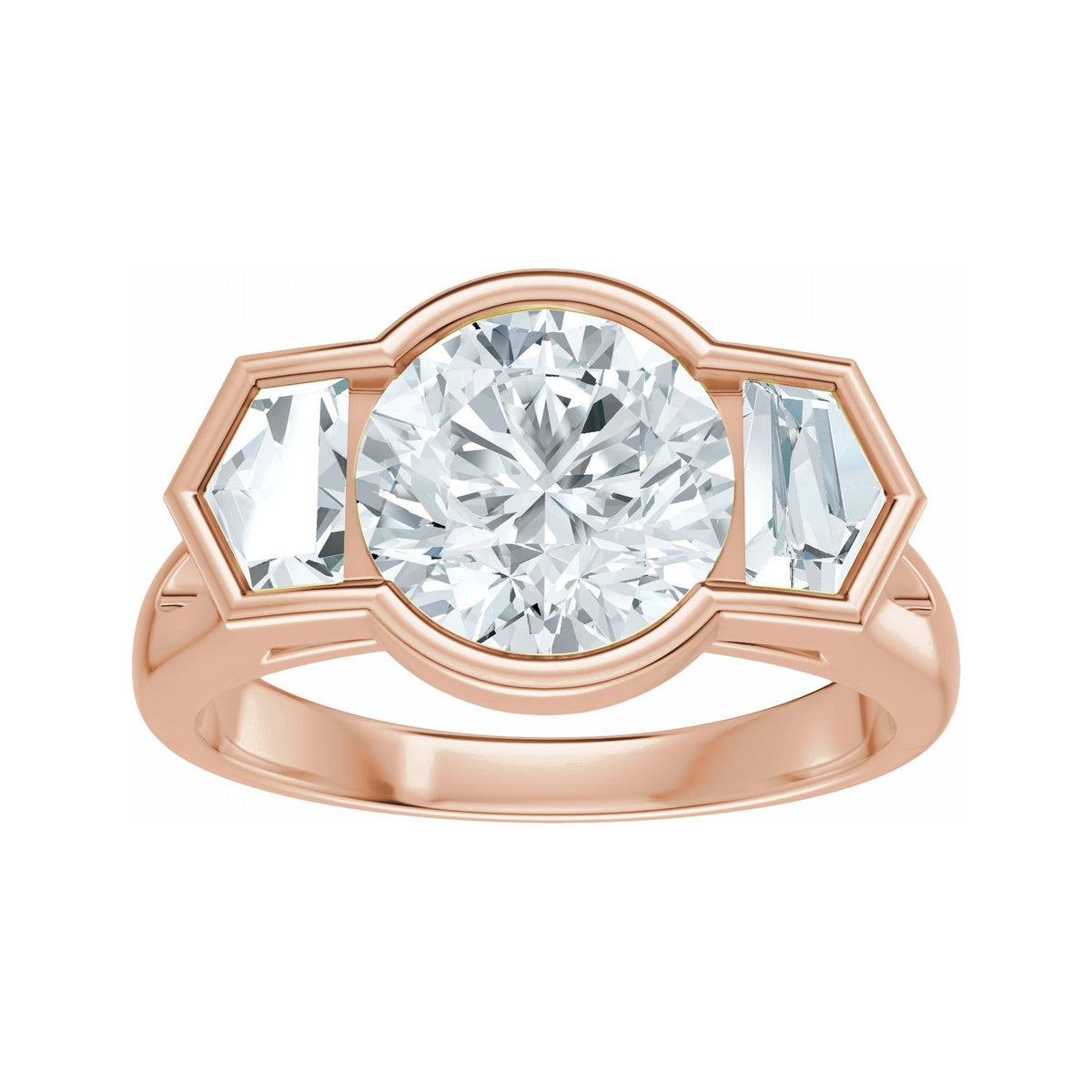 Sapphire Row Lab-Grown Round Diamond Bezel-Set Three-Stone Engagement Ring - 14K Rose Gold (view 3)