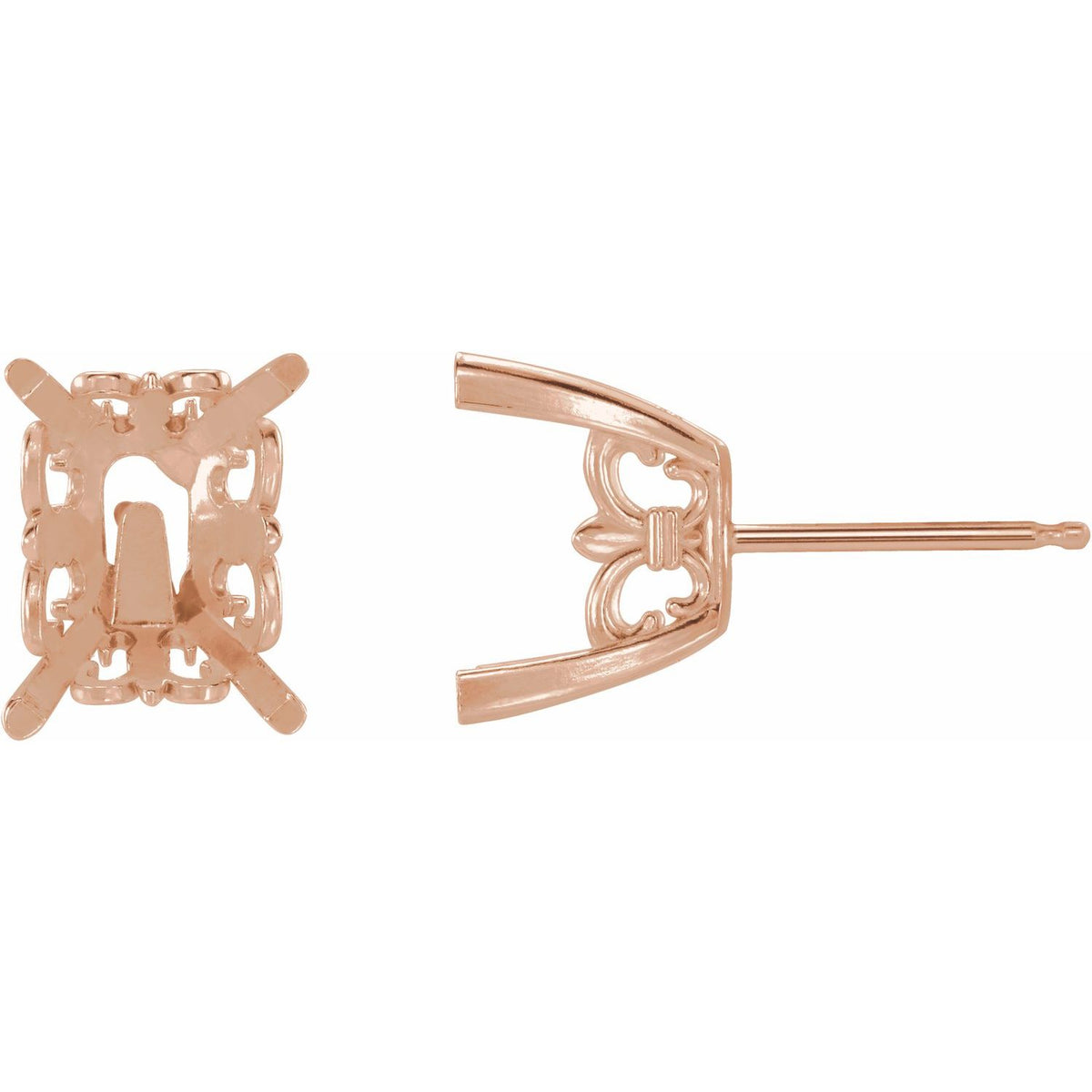 Emerald 4-Prong Fleur-de-lis Stud Earrings Setting — 14K Rose Gold — original mounting