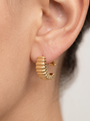 Gold Puffed J-Hoop Earrings in 14K Yellow Gold, shown close on the ear