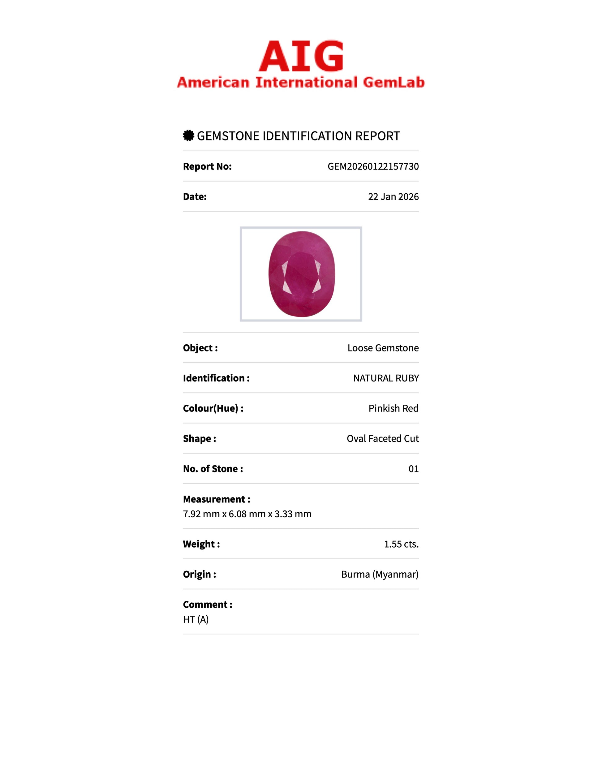 Sapphire Row 1.55 ct Natural Ruby Pinkish Red Heated, Oval Cut, Burma, AIG Certified