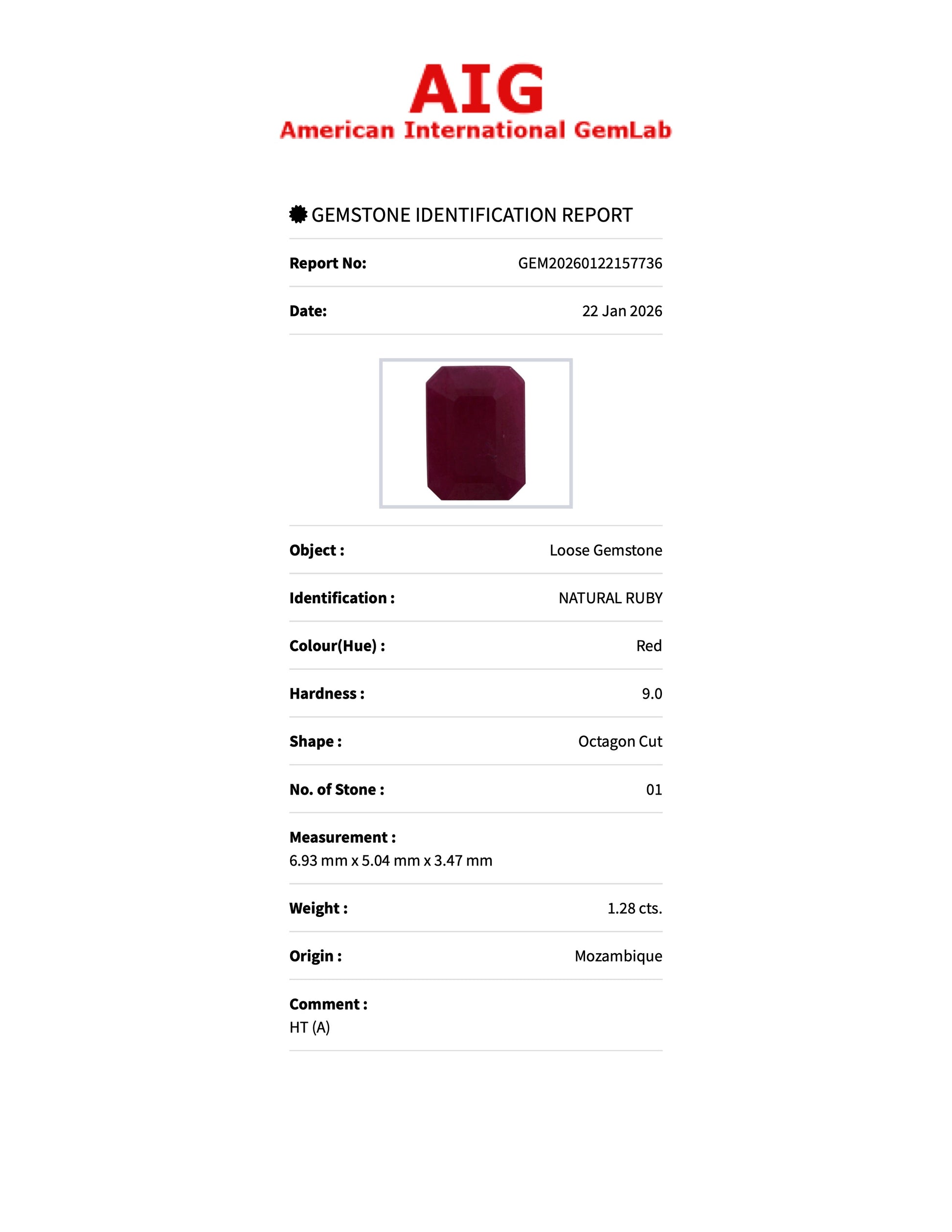 1.28 ct Natural Ruby Red Heated – Emerald Cut – Mozambique – AIG Certified