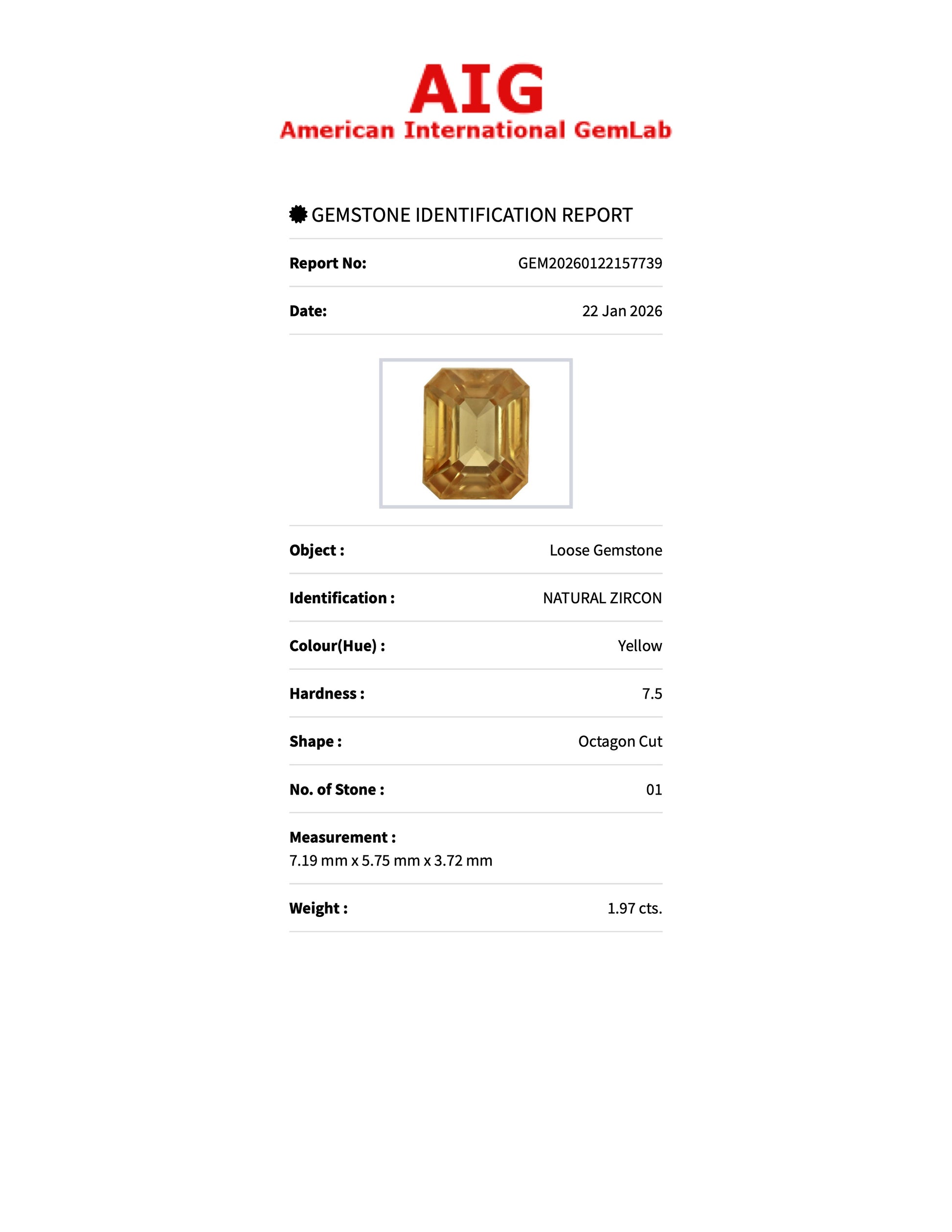 1.97 ct Natural Zircon Yellow – Emerald Cut – AIG Certified