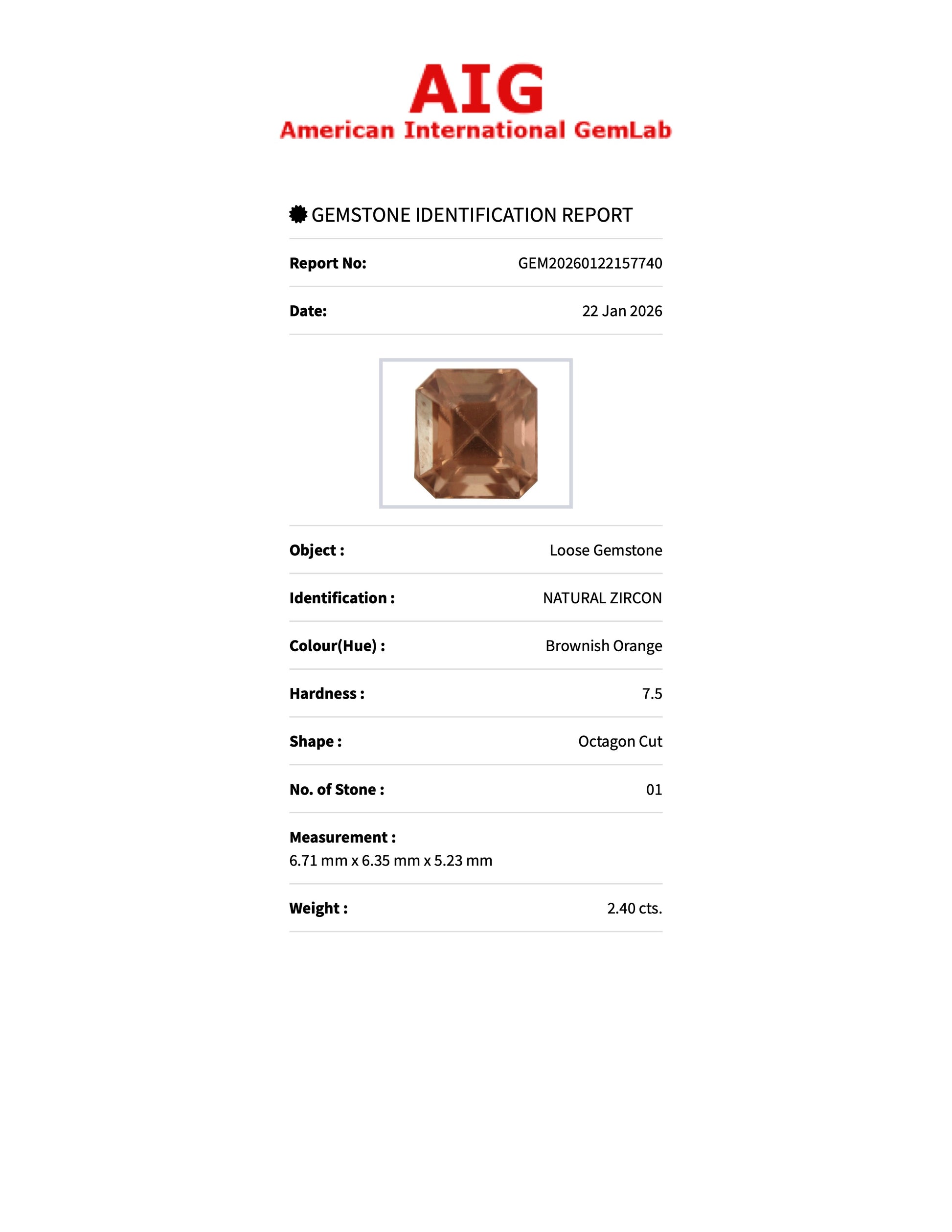 Sapphire Row 2.40 ct Natural Zircon Brownish Orange, Emerald Cut, AIG Certified